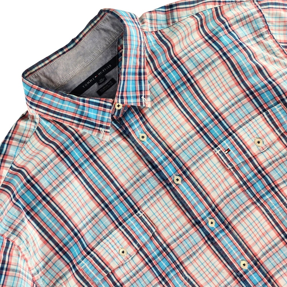 Tommy Hilfiger Shirt Mens XXL Blue Orange Plaid Classic Fit 100% Cotton